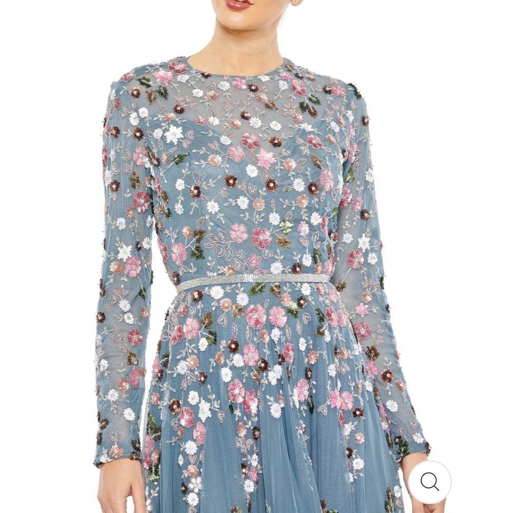 Mac Duggal SEQUINED FLORAL LONG SLEEVE HIGH NECK GOWN